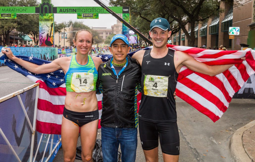 Image of Leo Manzano, Race Ambassador, with 2017 Austin Marathon champs Allison Macsas and Joe Thorne