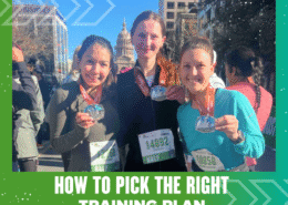 Three smiling women in running gear and race bibs proudly hold up medals after a race, with city buildings and a state capitol in the background. Text reads: “How to Pick the Right Training Plan for Your Next Race.”. Austin Marathon Half Marathon & 5K