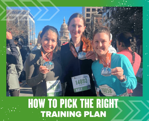 Three smiling women in running gear and race bibs proudly hold up medals after a race, with city buildings and a state capitol in the background. Text reads: “How to Pick the Right Training Plan for Your Next Race.”. Austin Marathon Half Marathon & 5K