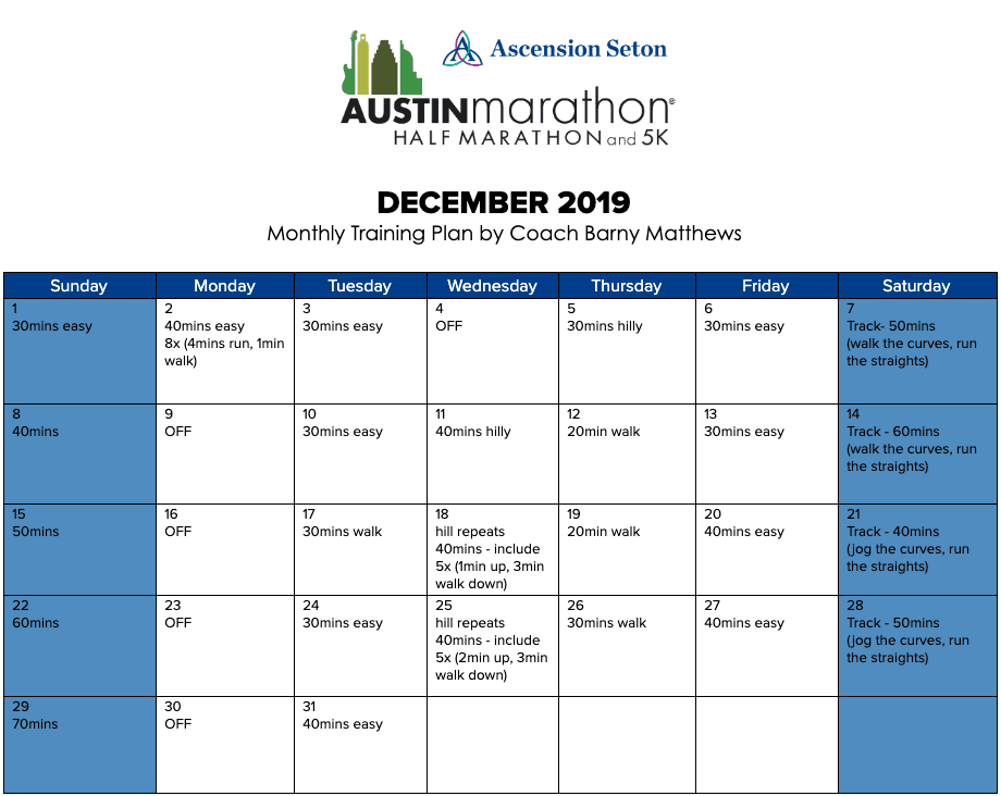 Free half marathon training plan for the month of December, designed by Paul "Barny" Matthews for the 2020 Austin Half Marathon.