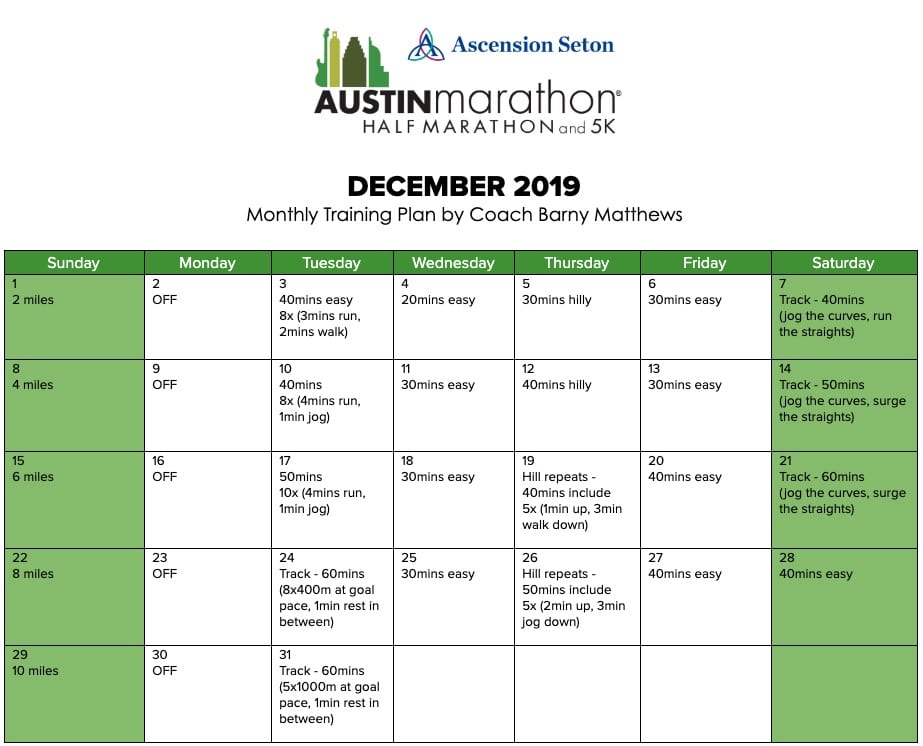 Free marathon training plan for the month of December, designed by Paul "Barny" Matthews for the 2020 Austin Marathon.