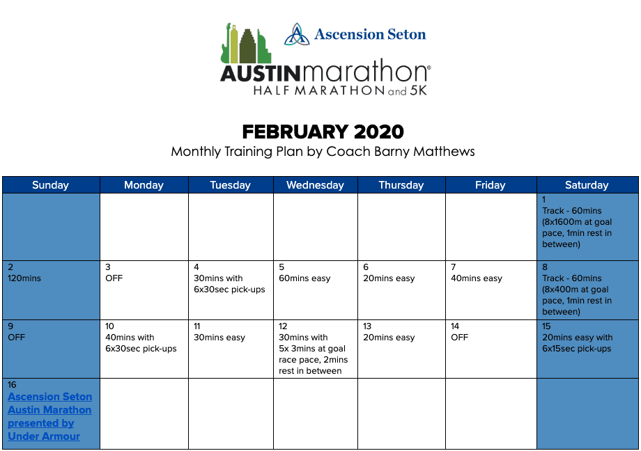 Free half marathon training plan for the month of February, designed by Paul "Barny" Matthews for the 2020 Austin Half Marathon.