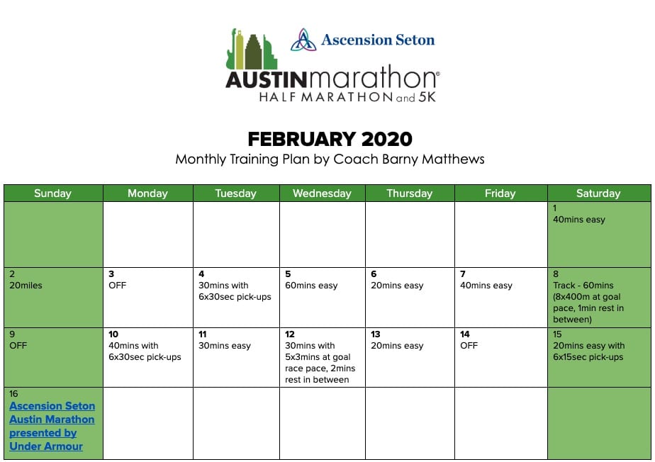 Free marathon training plan for the month of February, designed by Paul "Barny" Matthews for the 2020 Austin Marathon.