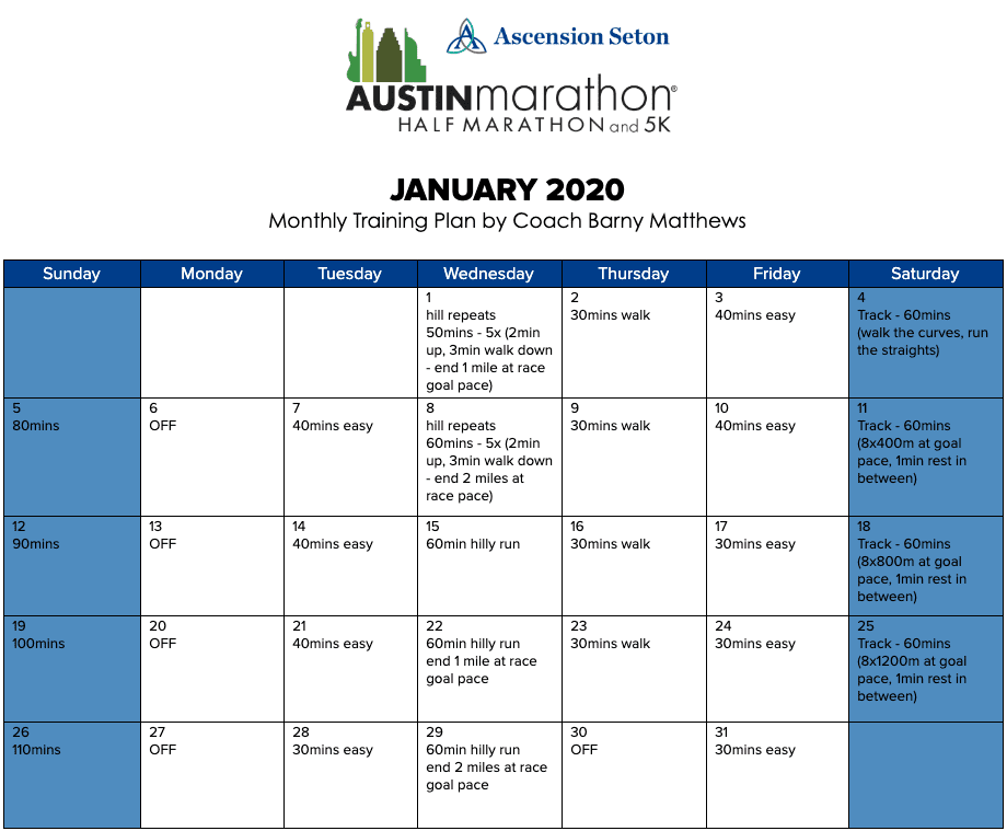 Free half marathon training plan for the month of January, designed by Paul "Barny" Matthews for the 2020 Austin Half Marathon.