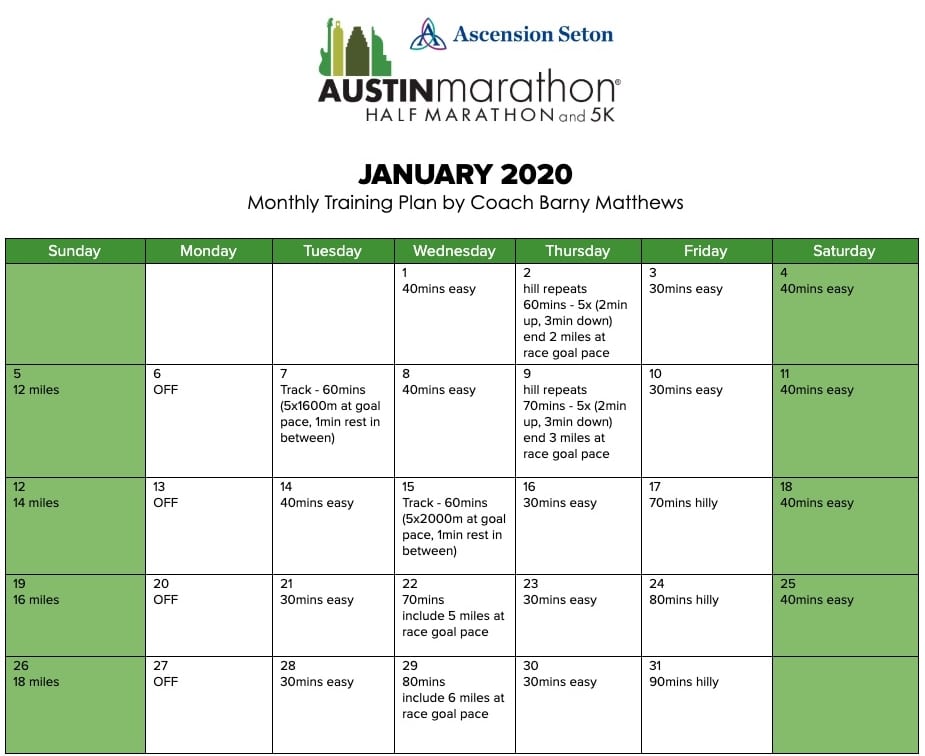 Free marathon training plan for the month of January, designed by Paul "Barny" Matthews for the 2020 Austin Marathon.