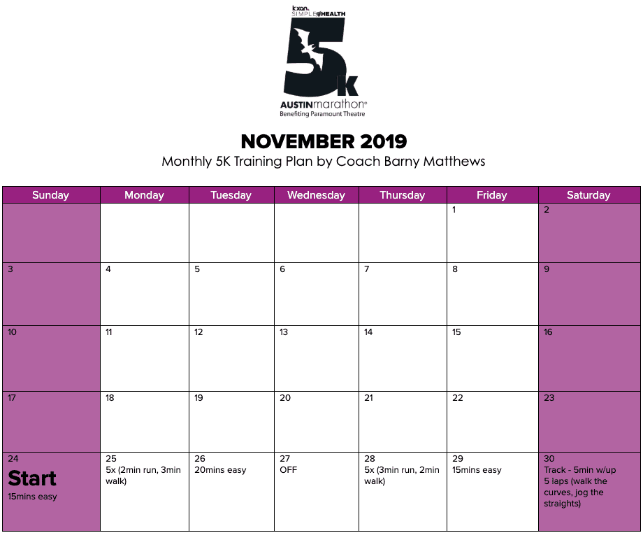 Free 5K training plan for the month of November, designed by Paul "Barny" Matthews for the 2020 Austin Marathon KXAN Simple Health 5K.