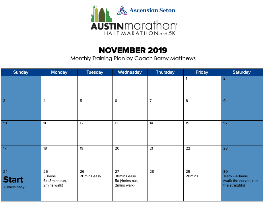 Free half marathon training plan for the month of November, designed by Paul "Barny" Matthews for the 2020 Austin Half Marathon.