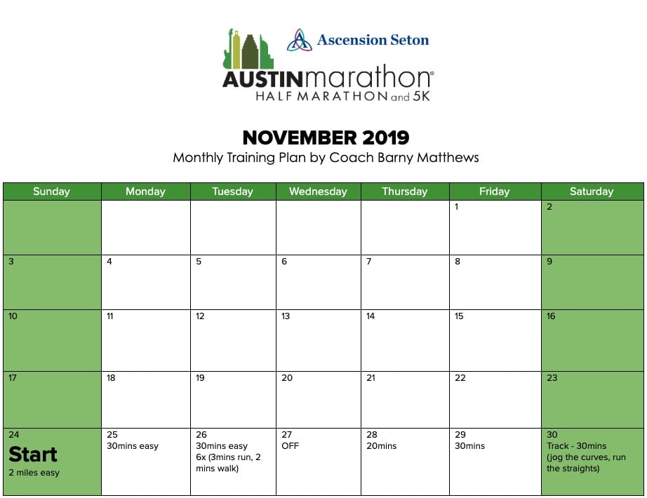 Free marathon training plan for the month of November, designed by Paul "Barny" Matthews for the 2020 Austin Marathon.