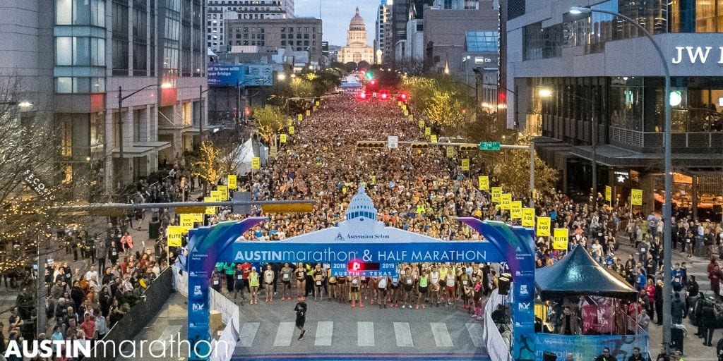 Drone image of the 2019 Austin Marathon start line taken by Patrick Wong as part of the Race Coverage