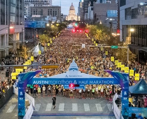 Drone image of the 2019 Austin Marathon start line taken by Patrick Wong. The Ascension Seton Austin Marathon was named a 2019 Champion of Economic Impact in Sports Tourism by Sports Destination Management.