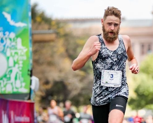 Daniel Bishop crosses the 2019 Austin Marathon finish line. He is included in the first round of elite runners accepted to the 2020 Austin Marathon elite field.