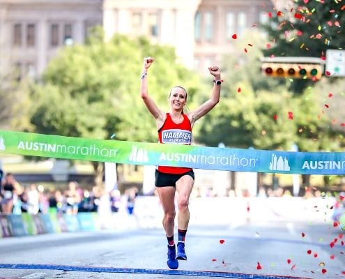 Image of 2019 Austin Marathon female champ, Heather Lieberg. She will race the 2020 Austin Half Marathon as her final Olympic Marathon Trials tune-up.