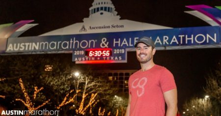 Image of a Camp Gladiator trainer smiling for the camera before the 2019 Austin Marathon. CG returns as the 2020 Austin Marathon's Official Community Fitness Partner.