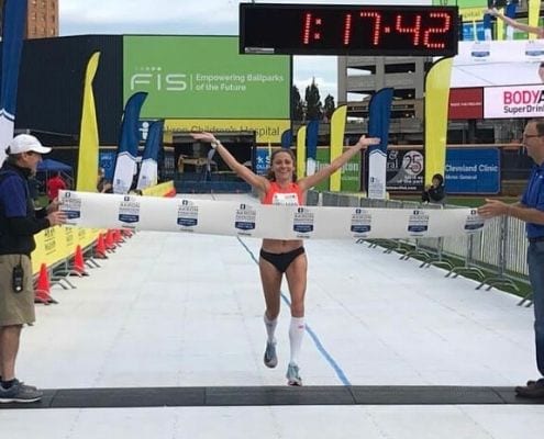 Becki Spellman cross the finish line of a recent half marathon in 1:17:42. Spellman is included in the third round of elite runners accepted to the Ascension Seton Austin Marathon and Austin Half Marathon Elite Field.