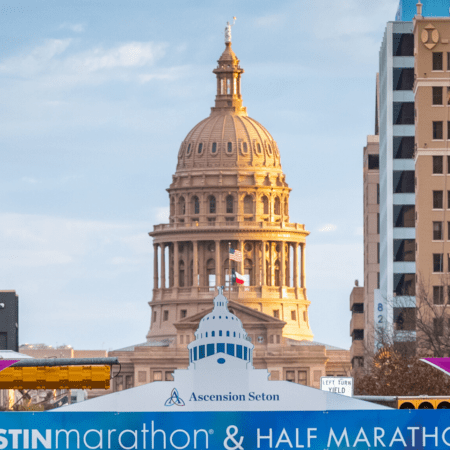 Image of the 2019 Austin Marathon finish line with the Texas State Capitol in the background. The Austin Marathon finish line is just the beginning of an unforgettable Austin Marathon weekend.