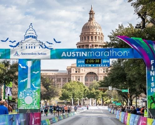 Image of the 2019 Ascension Seton Austin Marathon finish line with the Texas State Capitol in the background. 2020 Ascension Seton Austin Marathon is preparing for one of its largest event weekends in its history.