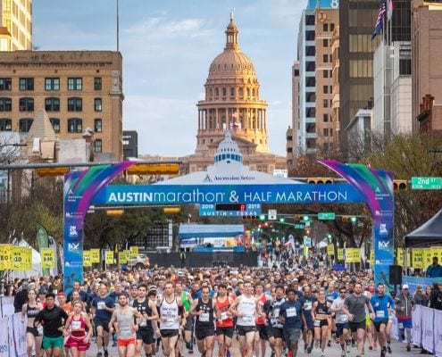 Image of the start of the 2019 Austin Marathon 5K benefitting Paramount Theatre. The 2020 Austin Marathon KXAN Simple Health 5K benefitting Paramount Theatre is part of an unforgettable Austin Marathon weekend.