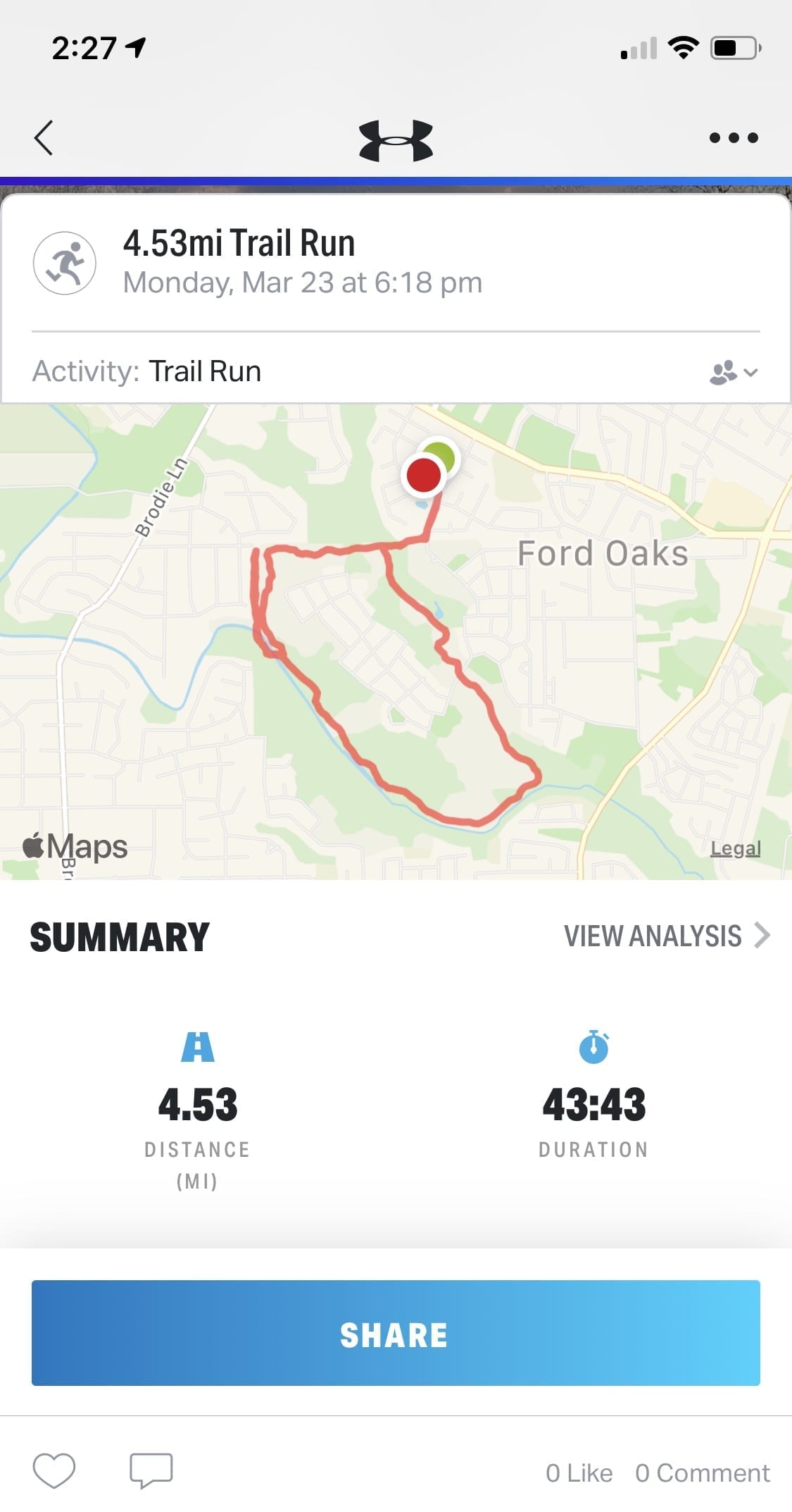 Screenshot of trail run map, distance, time, and date using Under Armour's MapMyFitness app. The Austin Marathon is giving away a pair of these shoes every day in April for their 30th Anniversary Giveaway!