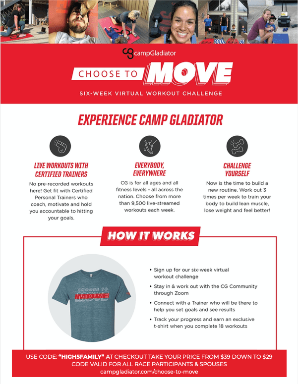 PDF breakdown of Camp Gladiator's Choose to Move virtual 6-week workout program.