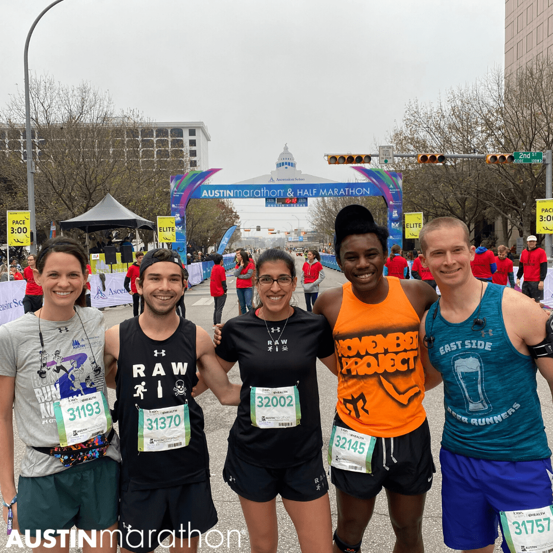 Image of a group of five runners representing different Austin running groups before the 2020 Ascension Seton Austin Marathon. Registration for the 30th annual Austin Marathon opens on June 1st.