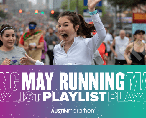 Image of a female runner at the 2020 Ascension Seton Austin Marathon waving to the camera with text reading May Running Playlist.