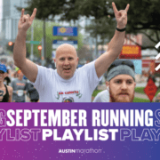 Image of male runner showing the Longhorn signal with both hands during the 2020 Ascension Seton Austin Marathon. Design features text that reads September Running Playlist.