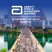 788439_Austin Marathon 2020 Abbott World Qualifier 2022_495x400_2B_073120 Drone image of runners crossing Congress Avenue Bridge during the 2020 Ascension Seton Austin Marathon with the Austin skyline in the background. The design contains the Abbott World Marathon Majors logo and text that introduces the Austin Marathon as an official AbbottWMM Wanda Age Group World Rankings qualifier.