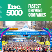 Image of the 2020 Ascension Seton Austin Marathon start line full of runners. The text on the design with the image announces that High Five Events ranked 1853 on the 2020 Inc 5000 list.