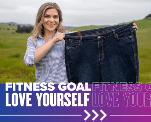 Kiah Twisselman holds an old pair of jeans next to her, showcasing that she's lost 125 since she began her journey towards a healthier lifestyle. She will continue to make the impossible possible at the 30th annual Austin Marathon on February 14, 2021. Read more about her story at https://youraustinmarathon.com/make-the-impossible-possible