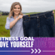 Kiah Twisselman holds an old pair of jeans next to her, showcasing that she's lost 125 since she began her journey towards a healthier lifestyle. She will continue to make the impossible possible at the 30th annual Austin Marathon on February 14, 2021. Read more about her story at https://youraustinmarathon.com/make-the-impossible-possible