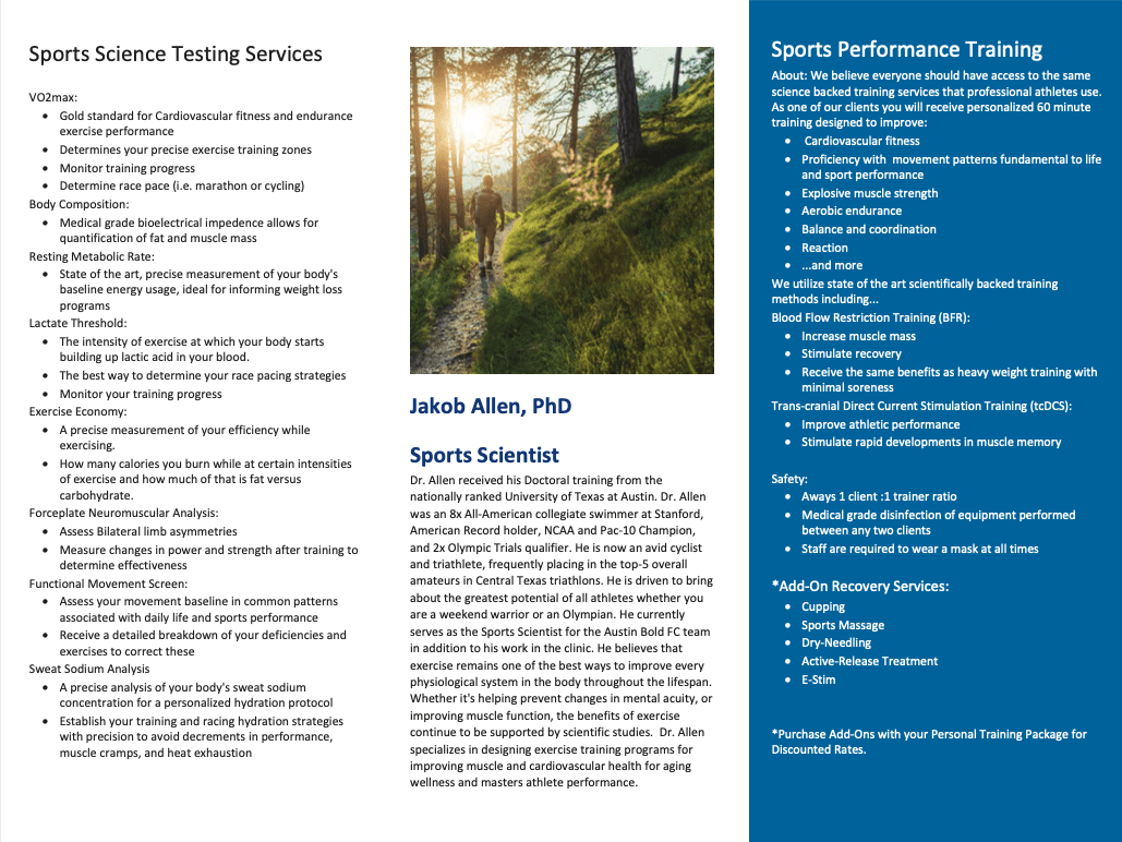 Image of Ascension Seton Sports Performance brochure. It breaks down all of their services and ways that can help you get better as a runner. Click on image to open the PDF version of the brochure.