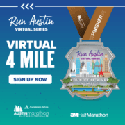 The Round the River 4-Miler digital medal that showcase the Austin skyline and the Run Austin Virtual Series logo. Learn more and sign up at https://youraustinmarathon.com/round-the-river-4-miler/