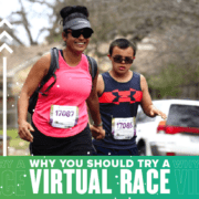 Mother and son running the 2020 Austin Half Marathon together. Text in design reads Why You Should Try a Virtual Race. Learn more at https://youraustinmarathon.com/reasons-to-try-a-virtual-race/