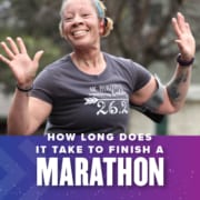 Female runner excitedly raises her hands in the air for the on-course photographer during the 2020 Ascension Seton Austin Marathon. Text on the design reads How Long Does it Take to Finish a Marathon. More information, including a helpful pace chart, can be found at https://youraustinmarathon.com/how-long-will-it-take-you-to-finish-a-marathon/