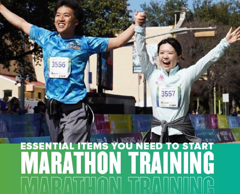 Couple raises hands in the air while crossing the 2020 Ascension Seton Austin Marathon finish line. Text in design reads Essential Items You Need to Start Marathon Training. Learn more at https://youraustinmarathon.com/items-to-start-marathon-training