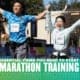 Couple raises hands in the air while crossing the 2020 Ascension Seton Austin Marathon finish line. Text in design reads Essential Items You Need to Start Marathon Training. Learn more at https://youraustinmarathon.com/items-to-start-marathon-training