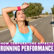 Female runner wipes sweat from her forehead with a wristband during a run. Text on design reads How Temperature Affects Running Performance. Learn more at https://youraustinmarathon.com/temperature-affects-running-performance/