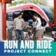 A family gets on their bikes after stepping off a metro train in Austin. Text in design reads Run and Run Project Connect. Learn more at https://youraustinmarathon.com/project-connect/