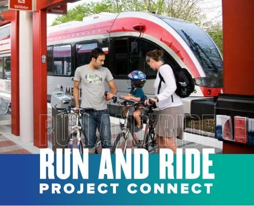 A family gets on their bikes after stepping off a metro train in Austin. Text in design reads Run and Run Project Connect. Learn more at https://youraustinmarathon.com/project-connect/