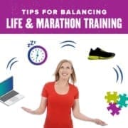 Woman juggles items to represent life and training, computer, clock, shoes, puzzle pieces. Text on design reads Tips for Balancing Life and Training. Read more at https://youraustinmarathon.com/balancing-life-and-training/