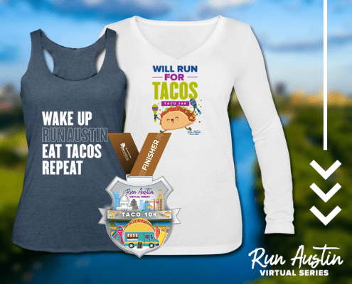 Image showcases the Taco 10K digital finisher medal, singlet, and long-sleeved shirt. Learn more at https://youraustinmarathon.com/taco-10k/