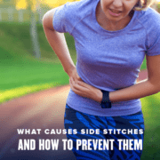 Woman is stopped mid-run, grabbing her right side. Text on design reads What Causes Side Stitches and How to Prevent Them. Read more at http://48d.435.myftpupload.com/side-stitches/