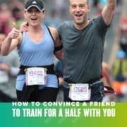 A male and female runner smile for the camera and wave their arms during the Austin Half Marathon. Text on design reads Convince Your Friend to Train for a Half with You. Read more at http://48d.435.myftpupload.com/convince-your-friend/