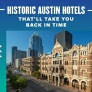 Image of The Driskill hotel with the Austin skyline in the background. Text on design reads Historic Austin Hotels That'll Take You Back in Time. Read more at http://48d.435.myftpupload.com/historic-austin-hotels/