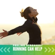 Woman opens her arms and faces the sunshine during a run. Text on design reads Feeling Stressed? Running Can Help Reduce Your Stress. Learn more at http://48d.435.myftpupload.com/reduce-your-stress/