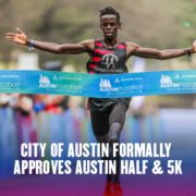 James Ngandu, 2020 Austin Half Marathon champion, crosses the finish line with his arms stretched out. Text on design reads City of Austin Formally Approves 2021 Austin Half Marathon and 5K. Read more at http://48d.435.myftpupload.com/city-of-austin-approves-2021-austin-half-marathon/