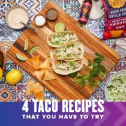 Three chipotle fish tacos sit on top of a cutting board with the ingredients surrounding them. Text on design reads 4 Siete Taco Recipes that You Have to Try. Find them at http://48d.435.myftpupload.com/siete-taco-recipes/