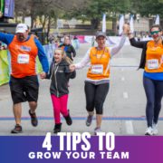 Members of a team hold hands as they cross the Austin Half Marathon finish line together. Text on design reads 4 Tips to Grow Your Team. Learn more at http://48d.435.myftpupload.com/4-tips-to-grow-your-team/