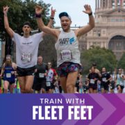 Two runners cross the Austin Half Marathon finish line. Text on design reads Train with Fleet Feet. Read about the perks and benefits of training for the Austin Marathon or Austin Half Marathon at http://48d.435.myftpupload.com/train-with-fleet-feet/