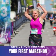 Female runner excitedly runs towards the finish line with her hands in the air. Text on design reads Advice for Running Your First Marathon. Read more at http://48d.435.myftpupload.com/running-your-first-marathon/